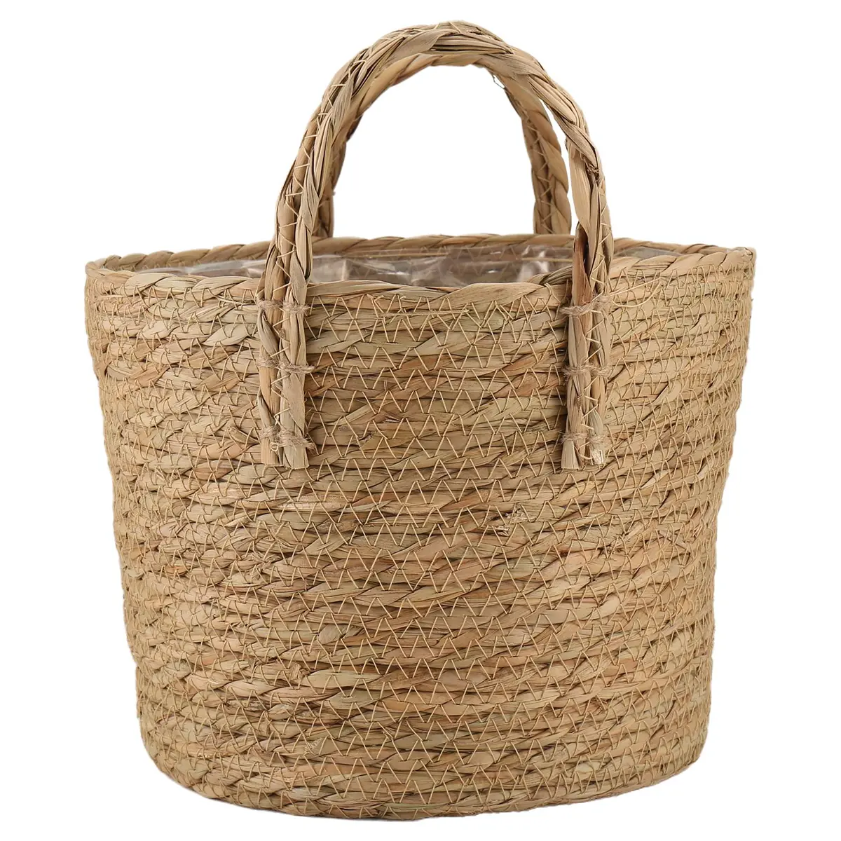 Hand Woven Seagrass Plant Fibre Planter Basket - 25x25x20cm Round Natural Room Organiser Box, Plastic Liner, Indoor Outdoor Floral Pot Cover/Laundry Wicker Bin (Household Appliance Accessory)