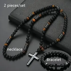 Veliora Gift B 2pcs Bohemian Style Cross Pendant Necklaces for Men & Women - Matte Black & Tiger Eye Stones, Natural Stone Beads, Versatile for Daily Wear & Formal Events, Versatile Jewelry, Avant-Garde Necklace, Intricate Beadwork