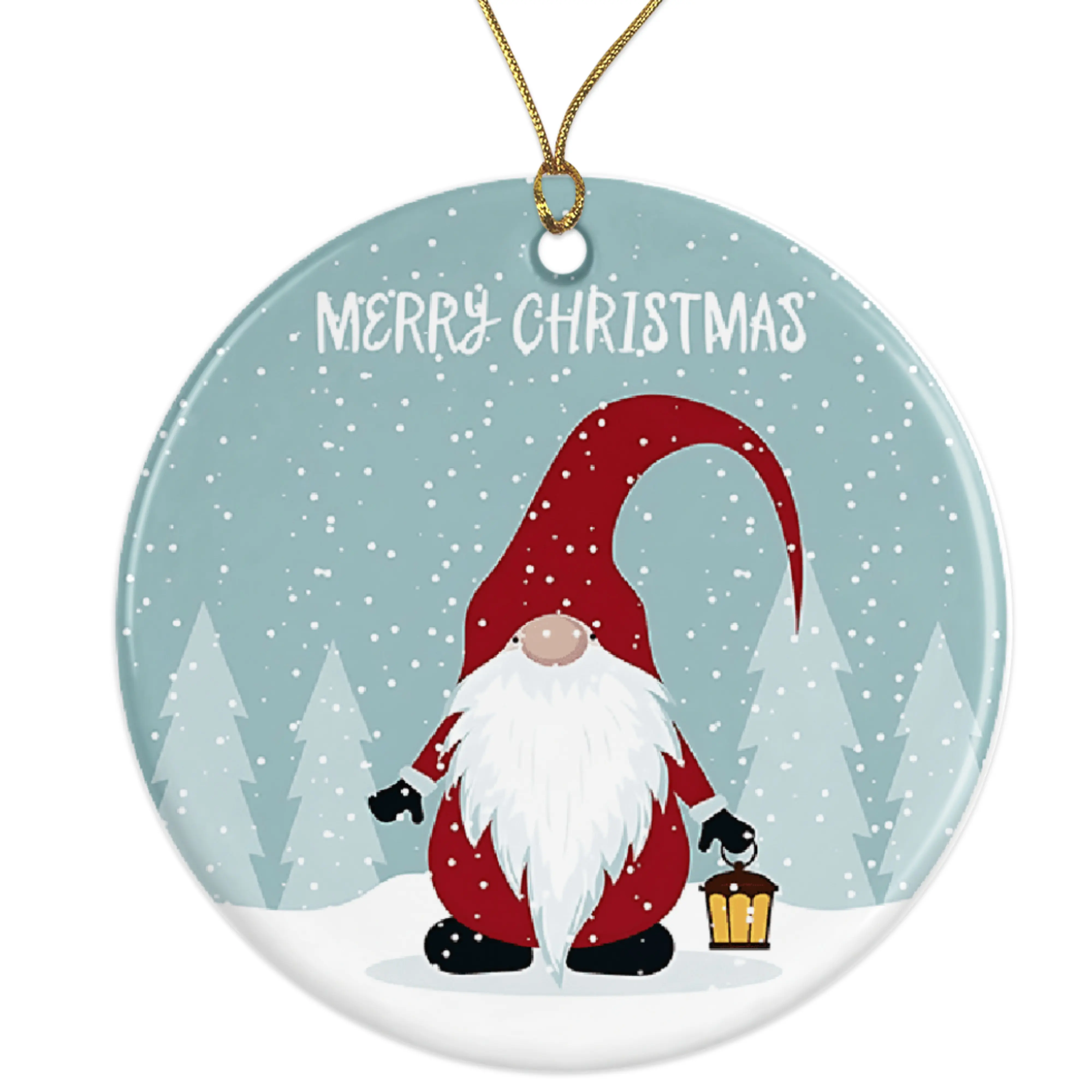 Christmas Gnome Ornament - Scandinavian Holiday Decor - Winter Scene Cute Gnome Art - Merry Christmas Gift Idea Ceramic Ornament - 3 Inch Christmas Tree Round Ornament - Xmas Holiday Decor - String Included - ORNW0256