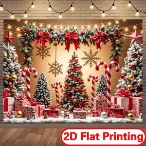 2D Flat Printing Polyester Backdrop Banner for Valentine’s Day Parties with Festive Ornaments Snowflakes & Candy Canes Ideal for Romantic Decor