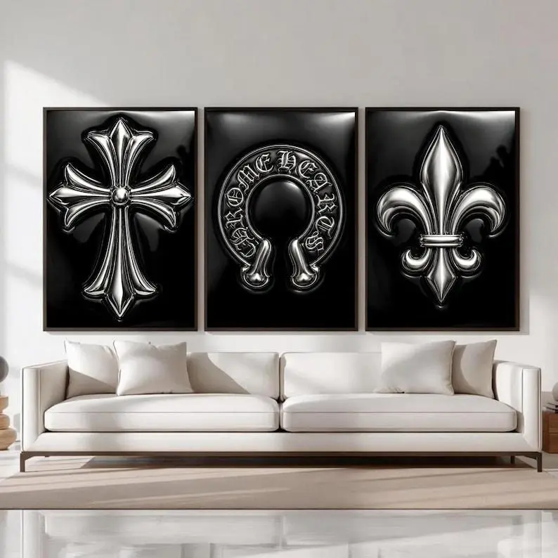 Chrome Hearts Hypebeast Wall Art Poster Print Unframed Set of 3, Black Silver Gothic Cross Art, Horseshoe Print, Fleur De Lis Luxury Y2K Room Decor