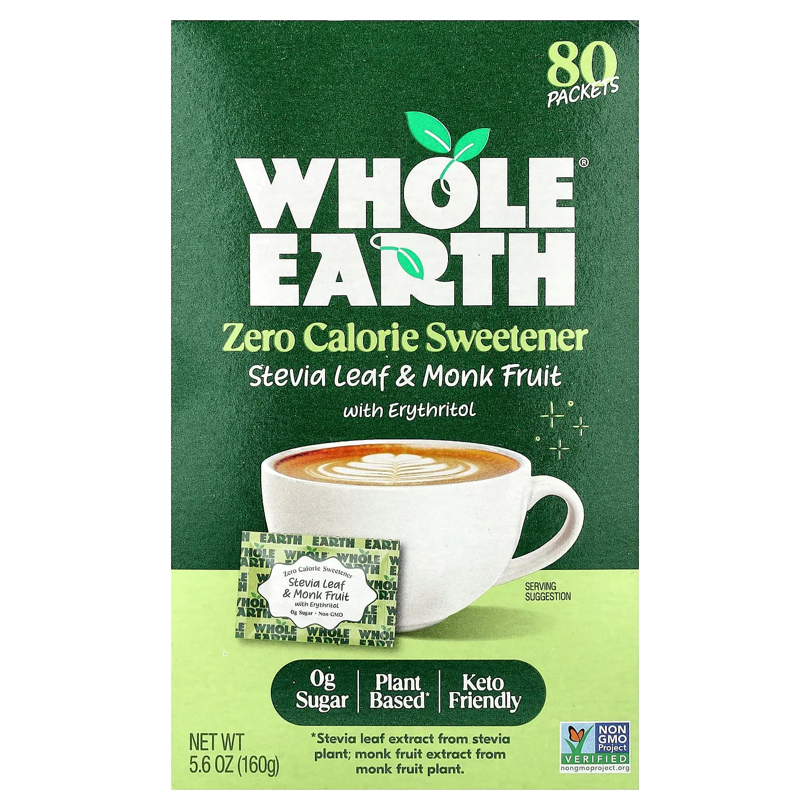 Whole Earth Zero Calorie Sweetener, Stevia Leaf & Monk Fruit with Erythritol, 80 Packets, 5.6 oz (160 g)