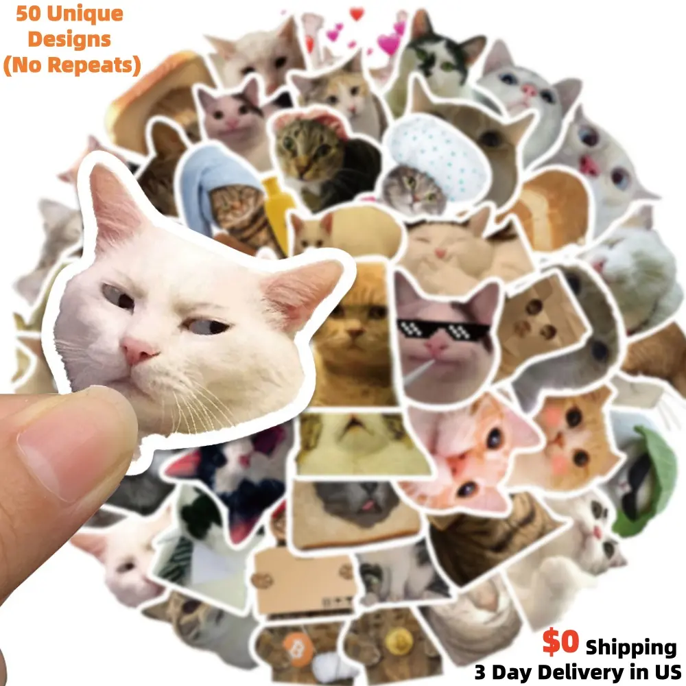 50PCS Random Funny Cat Stickers Sets - Multiple Styles Kawaii Kitten Meme Vinyl Waterproof Decals for Kindle, Laptop, Hydro Flask, Phone Case Cat Art Gifts for Cat Lovers  - High Quality Assorted Animal Sticker Pack
