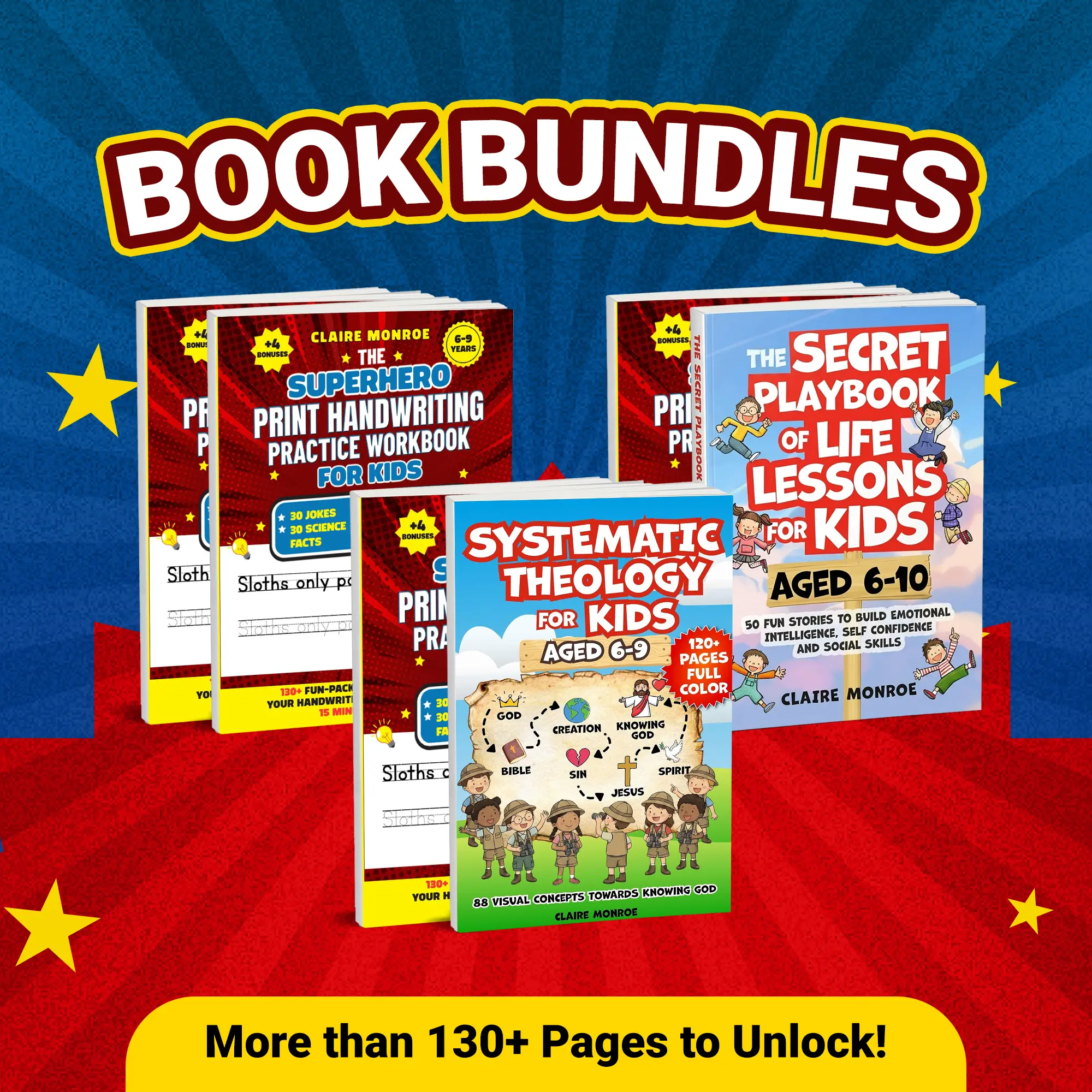 Claire Monroe 2-Pack Kids Workbook Bundle | 3 options available | Handwriting 2-Pack, Handwriting + Life Lessons, or Faith-Based Learning | Ages 6–10