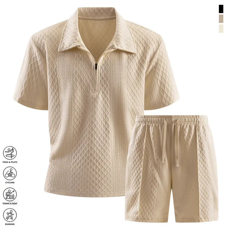 Men's 2-Piece Basics Casual Quick-Match Clothing Set - Collared Neck Short-Sleeve Polo Shirt, Polyester Mesh Fabric, Lightweight Pull-On Pocket Drawstring Elastic Waist Shorts, Fitted Cut, Breathable Cool Soft, Beach-Golf Ready