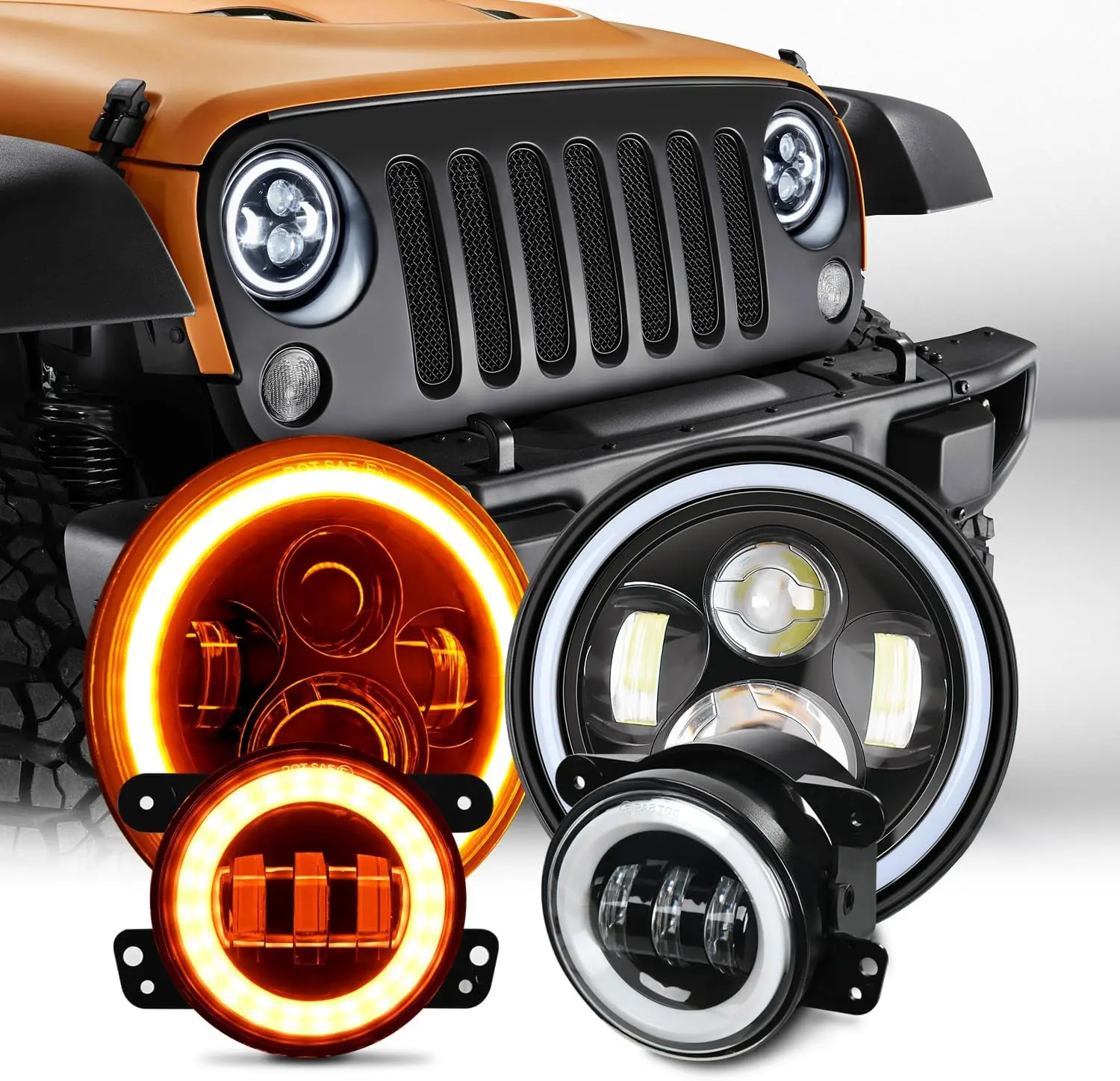 Nilight 7-Inch Round LED Halo Headlamps & 4-Inch LED Fog Driving Lights - Amber White DRL, High-Low Beam, Turn Signals, Car Light Replacement Cars Accessories for 2007-2018 Wrangler JK JKU, Vehicle