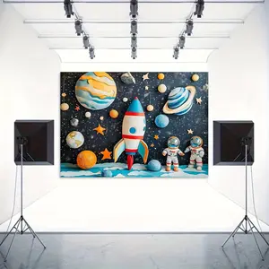 2D Flat Banner 1pc, Pull Flag Background with Cartoon Astronaut Rocket Planet Patterns, Fun Space Style Backdrop for Photography Birthday Party Outdoor Wedding Beach Festival Decorations
