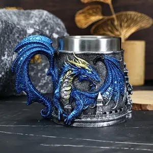 Resin Beer Mug with Stainless Steel Liner, Red/Blue Dragon Design, Medieval Castle Gothic Decorative Tankard, Unique Gift for Fantasy RPG Fans