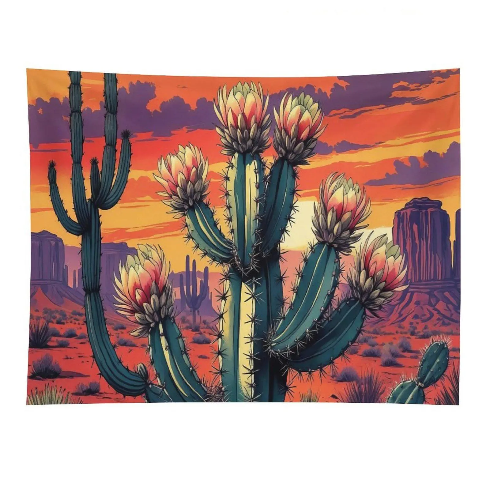 Desert Cactus Sunset Landscape Wall Tapestry Western Vintage Art Tapestry for Home Wall Decoration