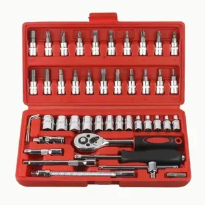 1set/46pcs Multi-Purpose Car Repair Tool Kit, Includes Plastic Storage Box, Hex Wrenches, Ratchet Sockets, Universal Joints, Screwdrivers, Ratcheting Wrench Set