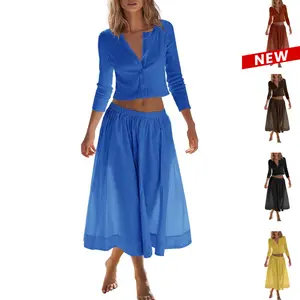 UANEO Womens 2 Piece Lounge Sets with Pockets Matching Vacation Outfits Ribbed Button Down Cardigan and Elastic Waist Skirt Sets