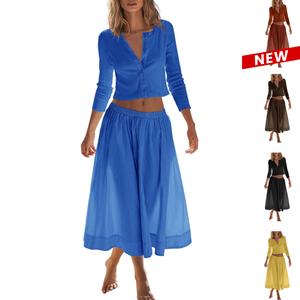 UANEO Womens 2 Piece Lounge Sets with Pockets Matching Vacation Outfits Ribbed Button Down Cardigan and Elastic Waist Skirt Sets