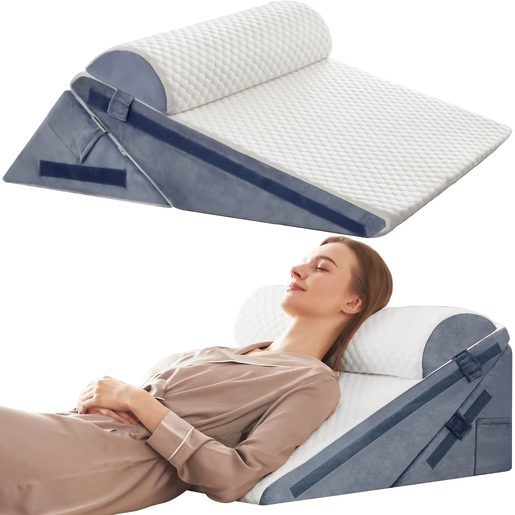 VITSCAN Wedge Pillow Set for After Surgery, Bed Wedge Pillow with Adjustable 9&12inch for Headboard, Sleeping, Orthopedic Cotton for Neck&Back Support, White/Grey