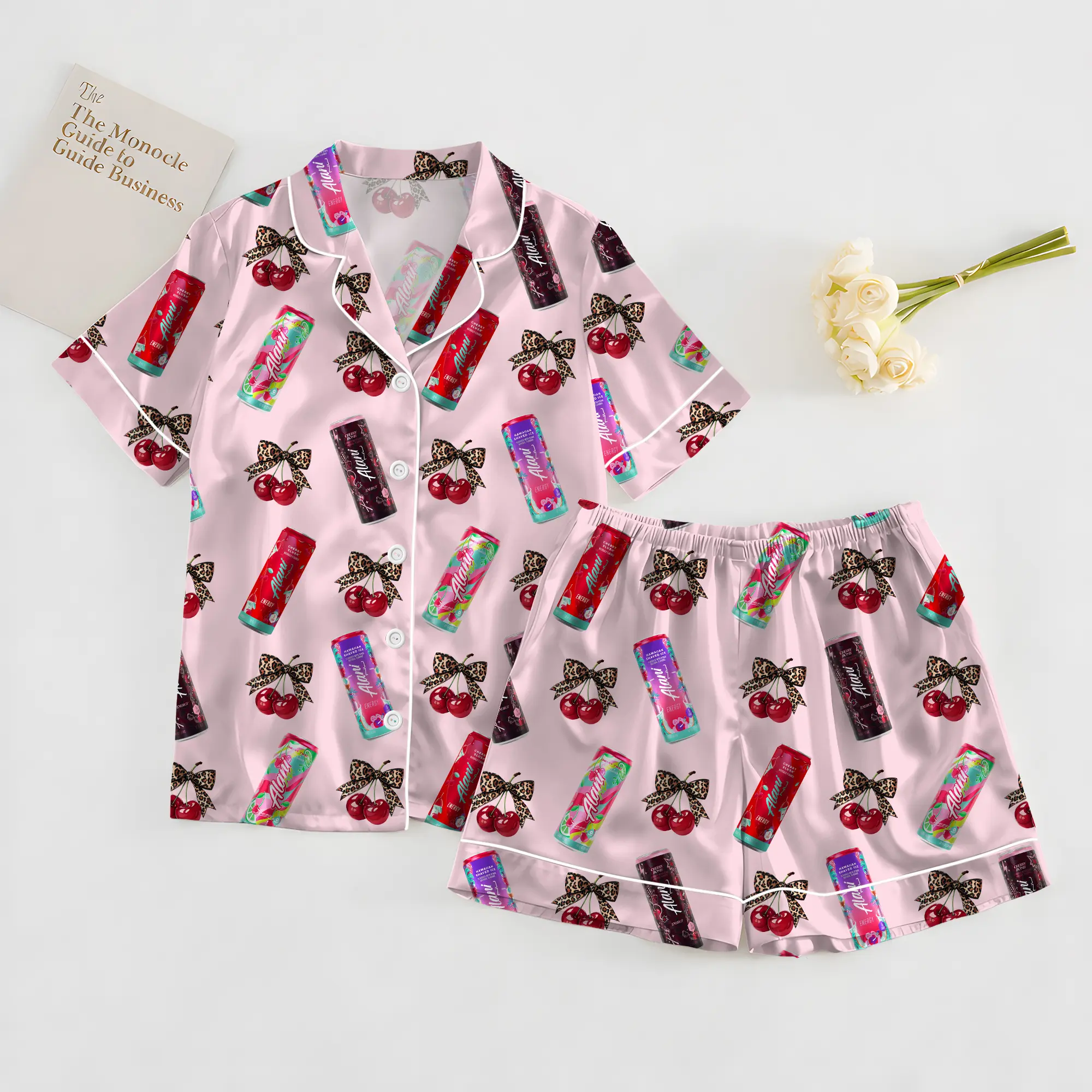 Alani Cherry Bomb Pajamas Set, Alani Cherry Energy Drink Sleepwear, Alani Leopard Cherry PJs Satin Set , Alani Lover Gift For Her