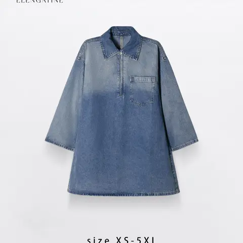 Women's Vintage Washed Cotton-Blend Denim Dress - Casual Wear Basic Clothes for Women, Collared Neck, Long Sleeve Spring-Ready Sleeves, Half-Zip, Plain, Loose Oversized, Plus Size, XS-5XL Comfort Outfit