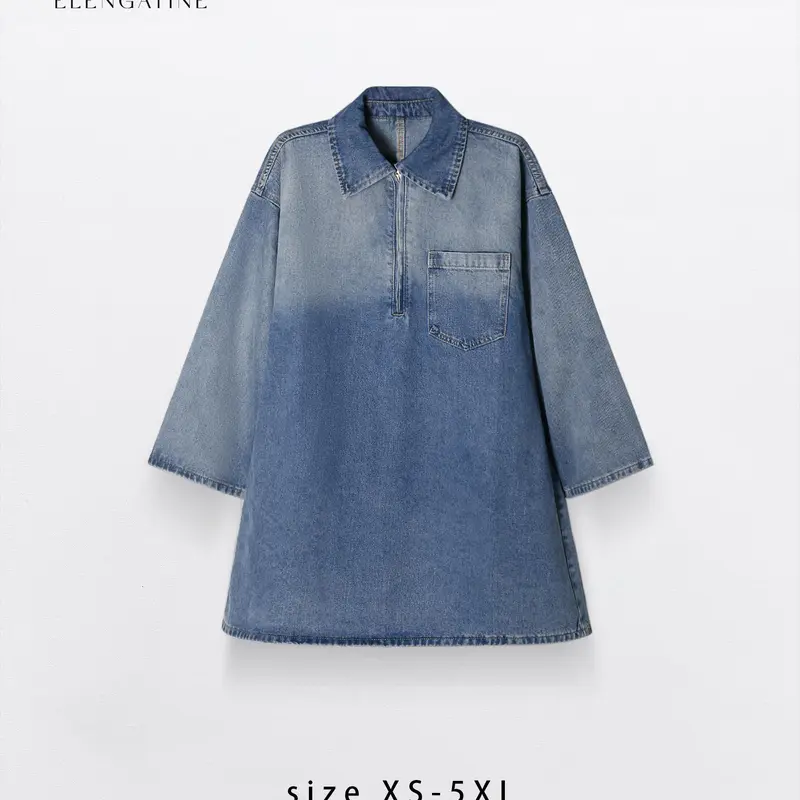 Women's Vintage Washed Cotton-Blend Denim Dress - Casual Wear Basic Clothes for Women, Collared Neck, Long Sleeve Spring-Ready Sleeves, Half-Zip, Plain, Loose Oversized, Plus Size, XS-5XL Comfort Outfit