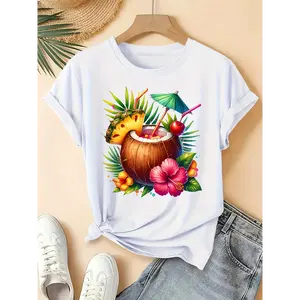 [100% Cotton] Women'S Plus Size Tropical Drink Graphic T-Shirt - Vibrant Pineapple, Coconut, And Floral Design, Casual Crew Neck Short Sleeve Tee For Spring/Summer/Fall, Retro Style, Multiple Colors Available,  Vibrant  Golf Gift T-Shirt For Men And Women
