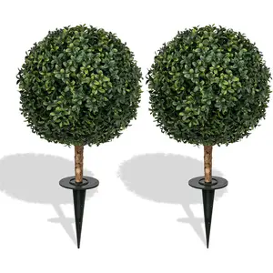 24" Artificial Boxwood Topiary Tree with Spike, 2 Pack Faux Ball Shrubs Bushes for Home Front Porch, Backyard, Entryway & Planter Decorations, Fake Plants for, Walkway & Poolside