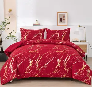 Red Gold Metallic Marble Comforter Set King,Red Christmas Bedding Sets with 2 Pillowcases for All Seasons, Soft Microfiber Filling Bedding Duvet Set 103"x90"