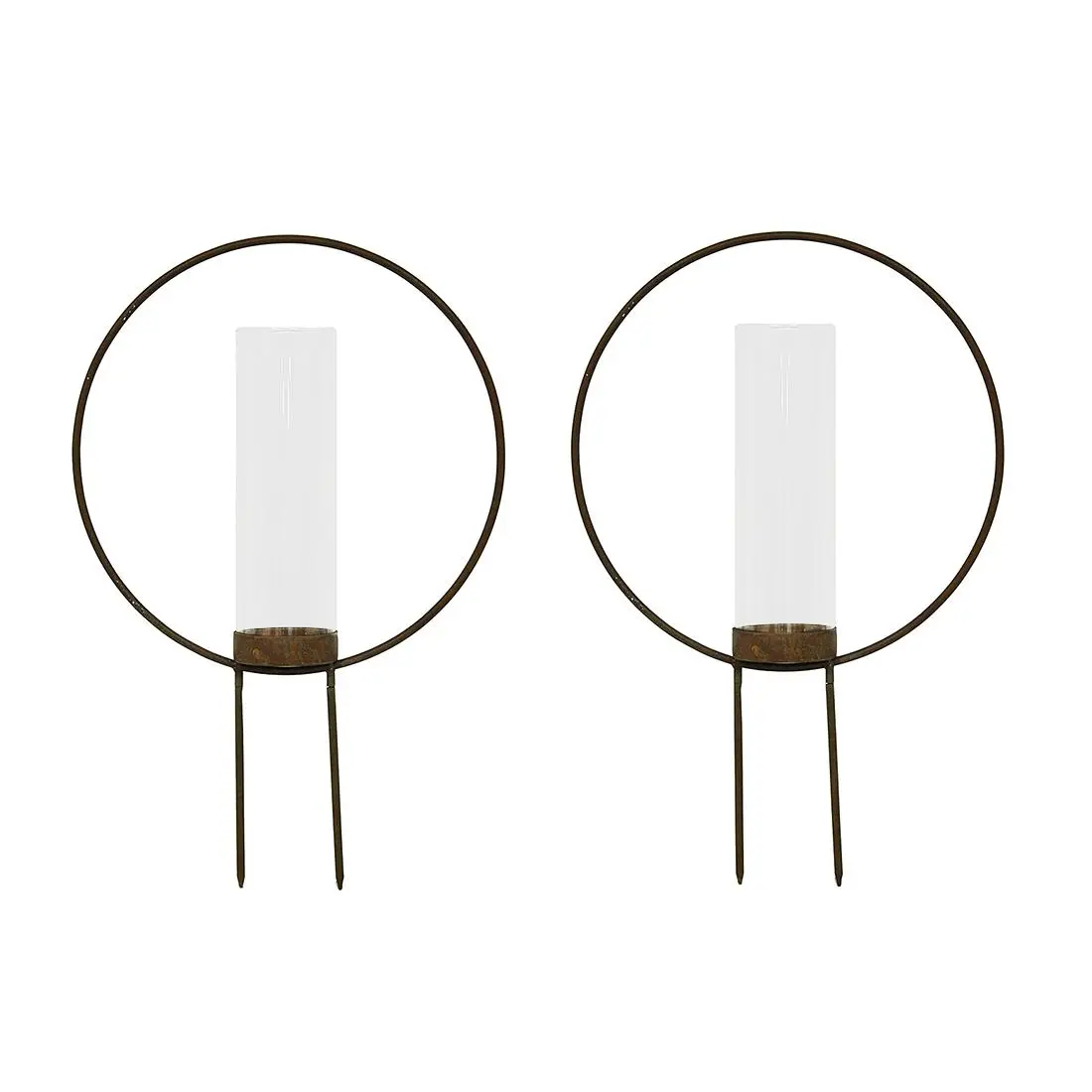 Set of 2 Rust Color Metal Hoop Outdoor Ground Candleholders 12 inch