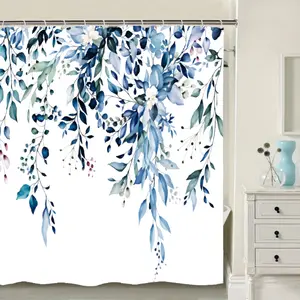 Shower Curtain Blue Eucalyptus Shower Curtains for Bathroom, Watercolor Leaf Shower Curtain Sets Waterproof Plant Shower Curtain Leaves Fabric Cloth Bathroom Curtains with Hooks