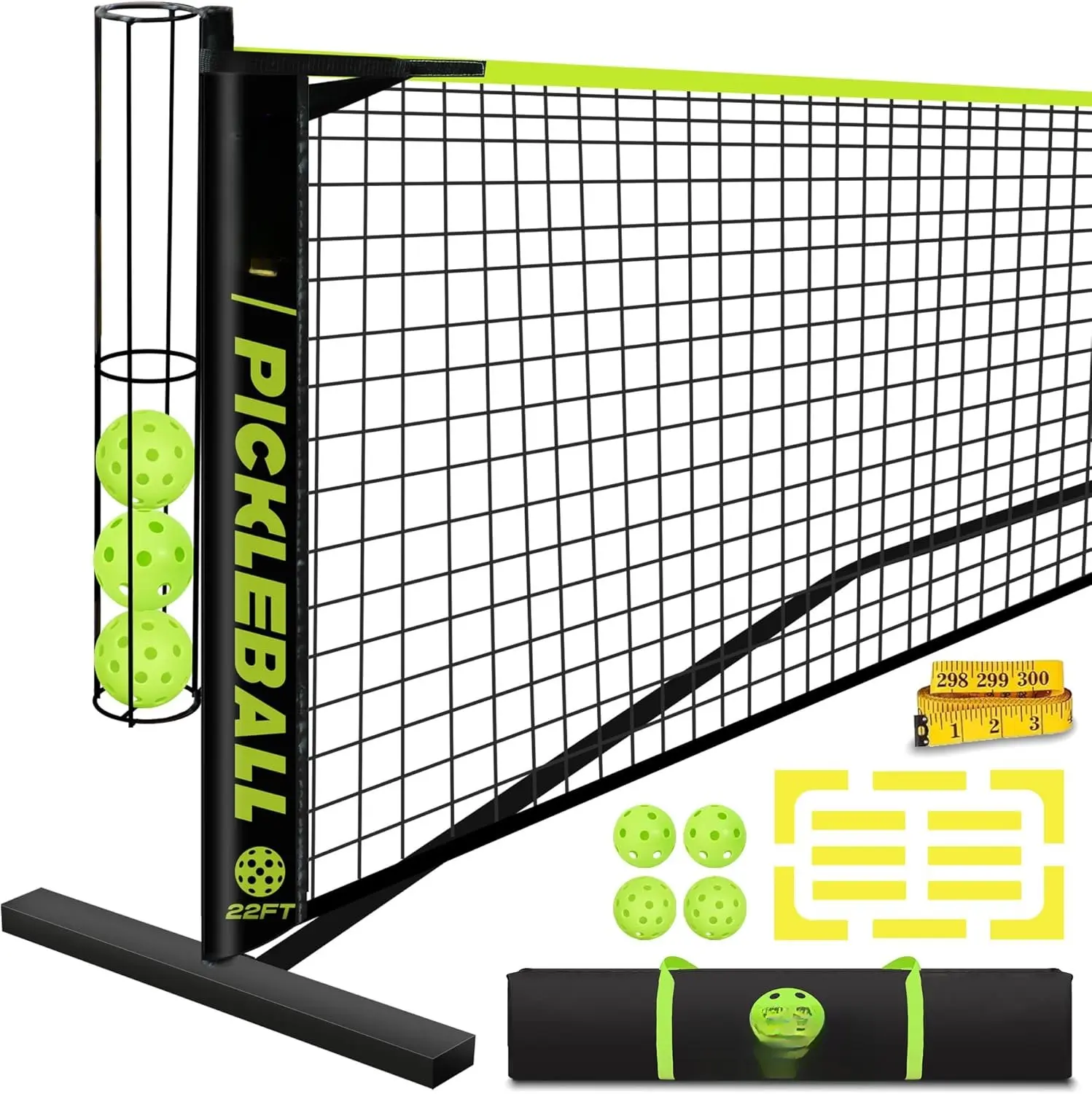 Pickleball Set - 22FT Regulation Size Portable Net, 4 Pickle Balls, Court Marker, Carry Bag and Tape Measure - Indoor Outdoor Driveway Gifts