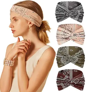 4-piece women's headband, fashionable elastic Bohemian style printed cashew cross workout headband, vintage headband suitable for makeup, sports, yoga, and SPA gifts, Elastic Fashion Headbands