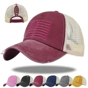 Cross-border American flag embroidered baseball cap, mesh cap, embroidered ponytail baseball cap, girls' braided cap