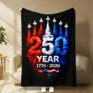 250th Anniversary USA Flannel Blanket, Red White Blue Jet Smoke Patriotic 1776-2026 Gift for Proud Americans, 4th of July Soft Lightweight Warm Cozy Microfiber Furry Thin Air Conditioning Blanket for Couch Bed Sofa