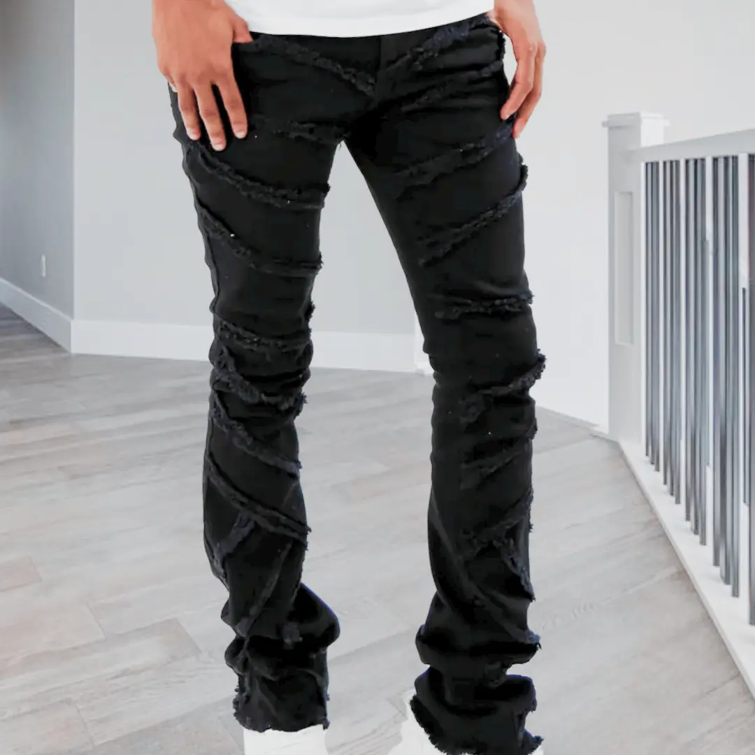Shredded Stacked Denim Jeans for Men by Armor Jeans: 36" Inseam, Unique Design, Stretchable Cotton, 3 Colors Menswear Stylish Trouser Streetwear wear with NIKE Sneakers