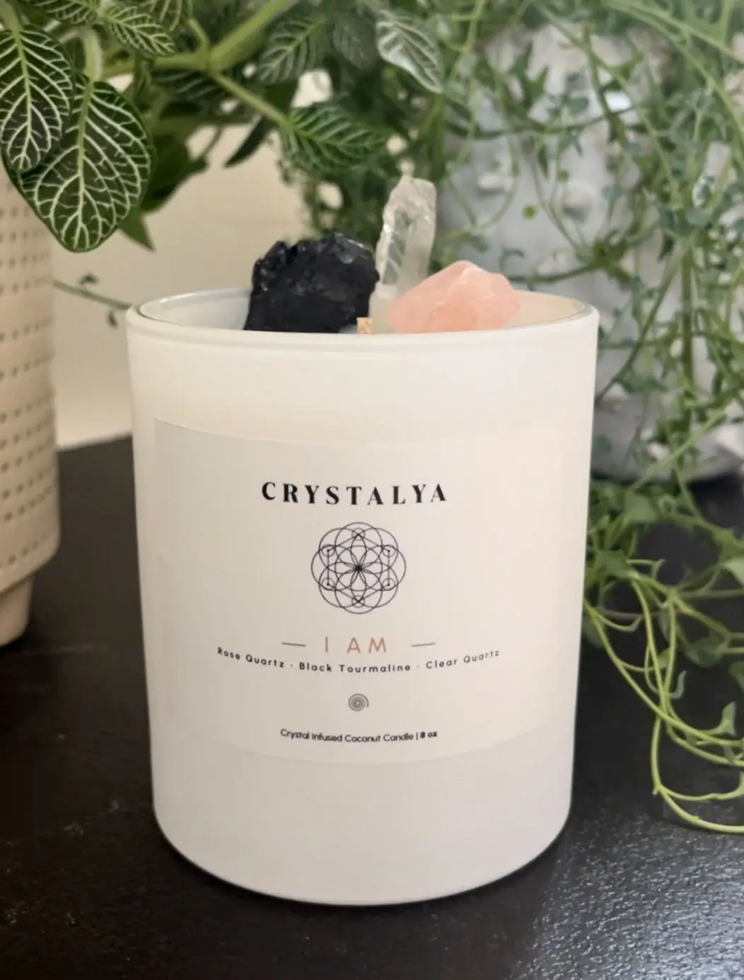 Crystal Candle | Rose Quartz | Clear Quartz | Black Tourmaline | Natural Coconut Wax |  Scented Candle | 8 oz.