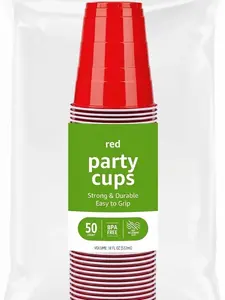 Disposable Plastic Party Cups - 50-Count, 18oz Food-Grade Sturdy Red Cups, Easy-to-Grip Cold Drink Supplies for Home, Birthday Festive Occasions