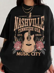 Women’s Nashville Tennessee Souvenir Graphic Floral Geometric Short Sleeves Fitted Tee, “Music City” Skyline with Guitar and Rose Print, Soft Vintage Tee for Travel Enthusiasts, Concerts and Daily Wear