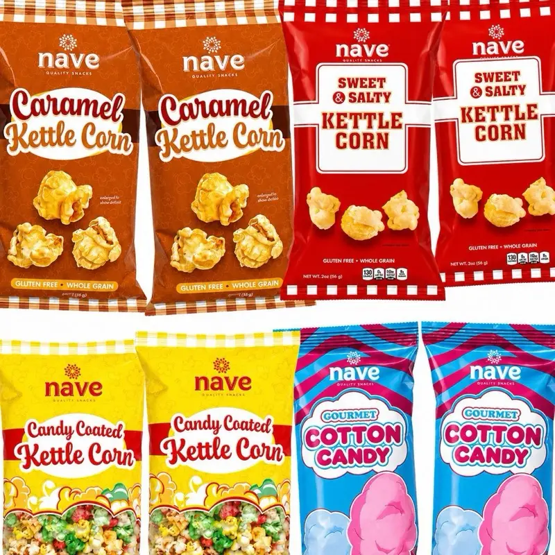 Nave Carnival Snacks Variety Pack | Cotton Candy, Candy Coated Kettle Corn, Caramel Kettle Corn & Sweet & Salty Kettle Corn | Kids Birthday Party Snacks, Barn Party Favors, Farm Party Treats | NY Snack Pantry