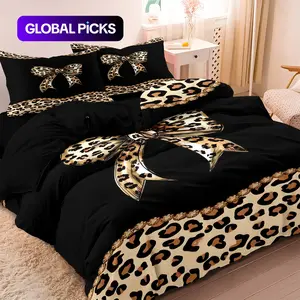 Leopard Print Bowknot Digital Print Bedding Set, 3 Piece (1 Fitted Sheet + 2 Pillowcases), Polyester Fiber 9g, No Blanket Included