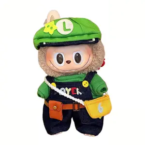 [Clothes Only] Green Little M 4-Piece Doll Outfit — Cap, Bag, T-Shirt & Overalls | Fits Labubu V1-V3 17cm | Cute Dolls Clothes Set Denim