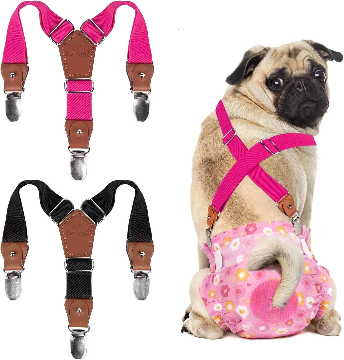 Dog Suspenders 2 Pieces Female Dog Diaper Suspenders for Dogs Diaper Keeper Suspender for Skirt, Dress, Diapers (Black & Pink, XS/S)