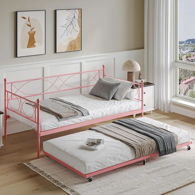 Twin Metal Daybed with Headboard, Pull-Out Trundle, Durable Steel Slats, Ergonomic Support, Multifunctional Platform Bed for Bedroom, Living Room