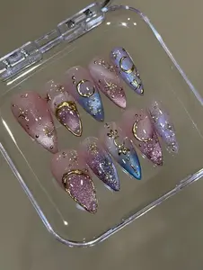 Celestial Moon & Stars Press-On Nails – Galaxy Gradient Nail Art with Pearls, Handmade Long Stiletto Set for Cosmic Vibes