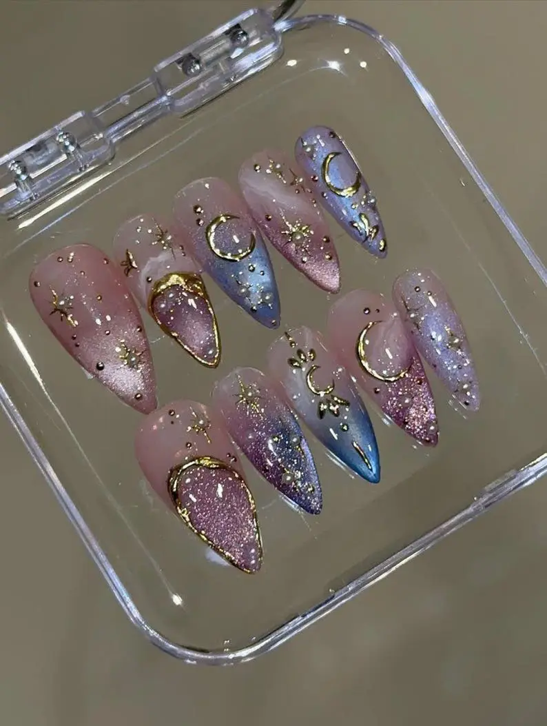 Celestial Moon & Stars Press-On Nails – Galaxy Gradient Nail Art with Pearls, Handmade Long Stiletto Set for Cosmic Vibes