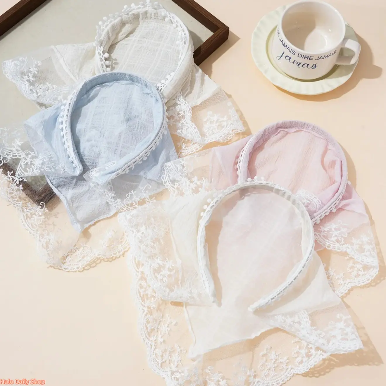 Women's 4-Piece Triangular Mesh Knit Head Scarves, Solid Color with Embroidered Lace Trim, Lightweight Scarf Head Wrap Hair Accessory, Travel Ready Accessories for Women, 4Pcs, Casual, Daily, Easy To Pack, Female, Four-Piece Set