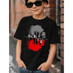 Young Boy's "Running Up That Hill" Forest Silhouette Stranger Hawkins Thing Theme Funny MEME Graphic Cotton T-Shirt For Young Boys, Black 100% Cotton T-shirts With Stranger Hawkins Thing Theme Stranger Style Up Side Down Things/67 MEME Shirt, Funny MEME 6