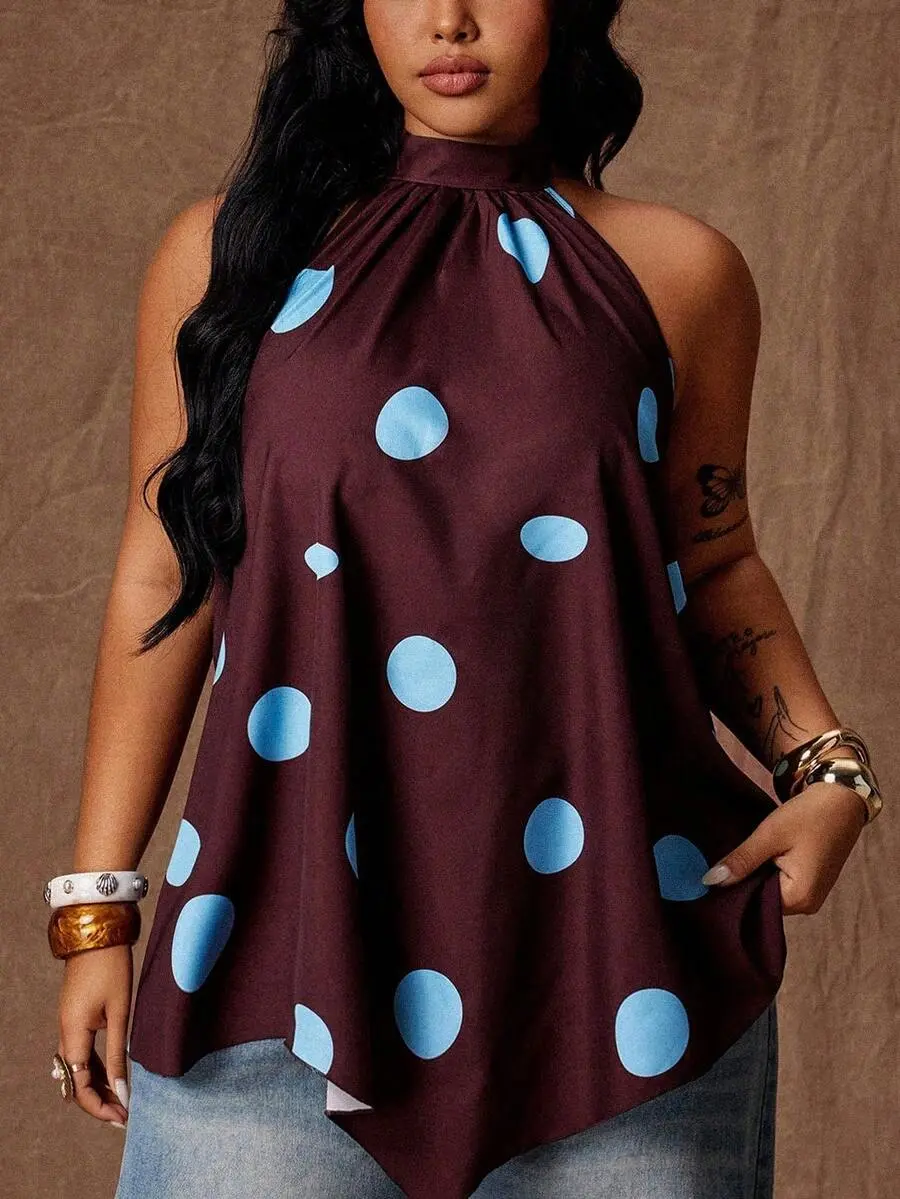 Rustia Plus Size Women's Summer Elegant Burgundy Polka Dot Sleeveless Shirt, French Retro Night Out Club Loose Asymmetric Hem Patchwork Tie Back Casual Blouse