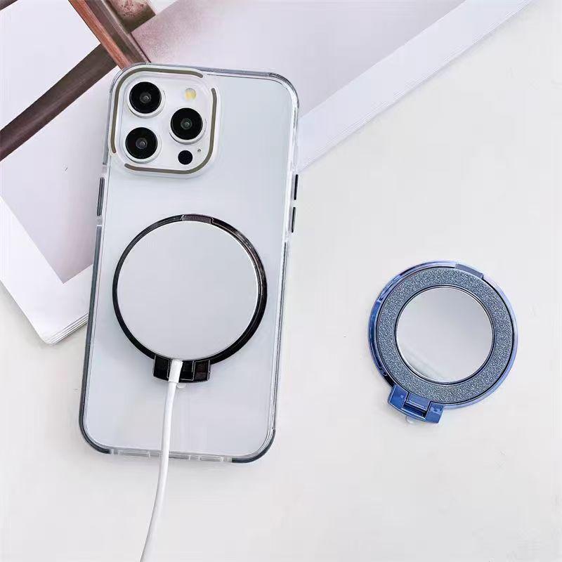 360-Degree Rotating Rhinestone & Glitter Mirror Stand — Universal Mobile Phone Holder, Desktop Support Ring, Adhesive Back Stand.