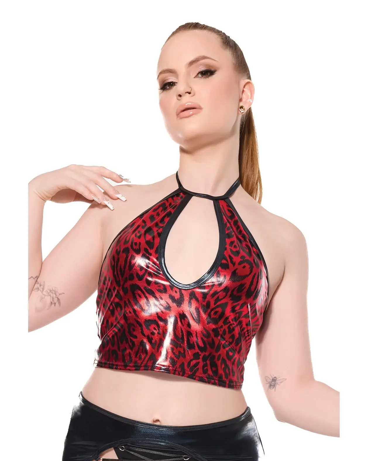 Women's Sleeveless Dark Metallic Wet-Look Keyhole Halter Tank Top - Red/Black