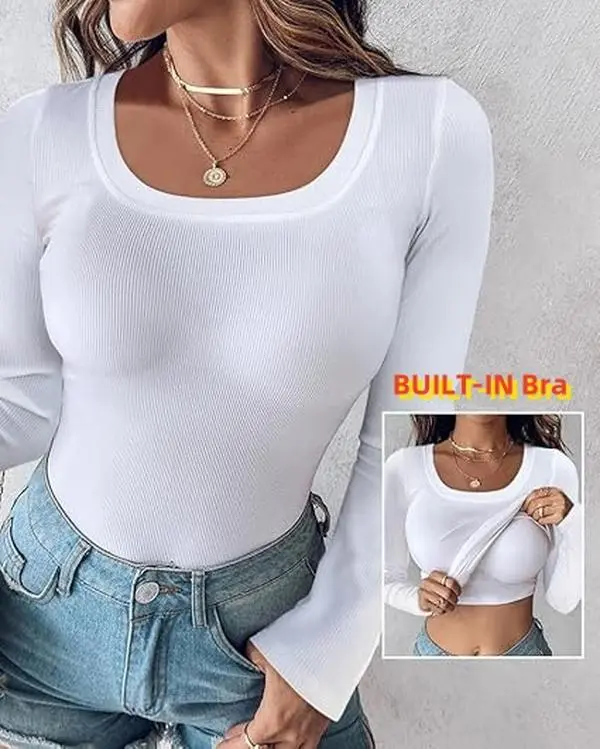 Women Womens Long Sleeve Tops Built in Bra T Shirts U Neck Ribbed Knit Fitted Basic Tee Casual Going Out Top