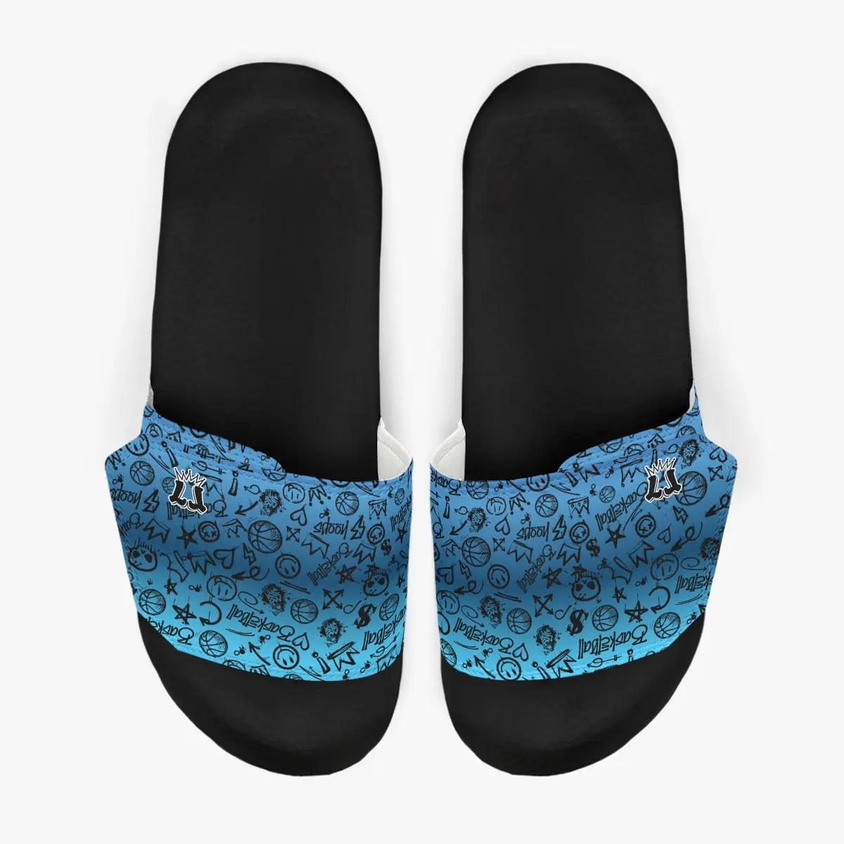 Men's Dark Blue Basketball Graffiti Velcro-Strap Slipper, Casual Wear Flip Flops for Men's Footwear Shoe, Graffiti Print, Male Shoes, One Size