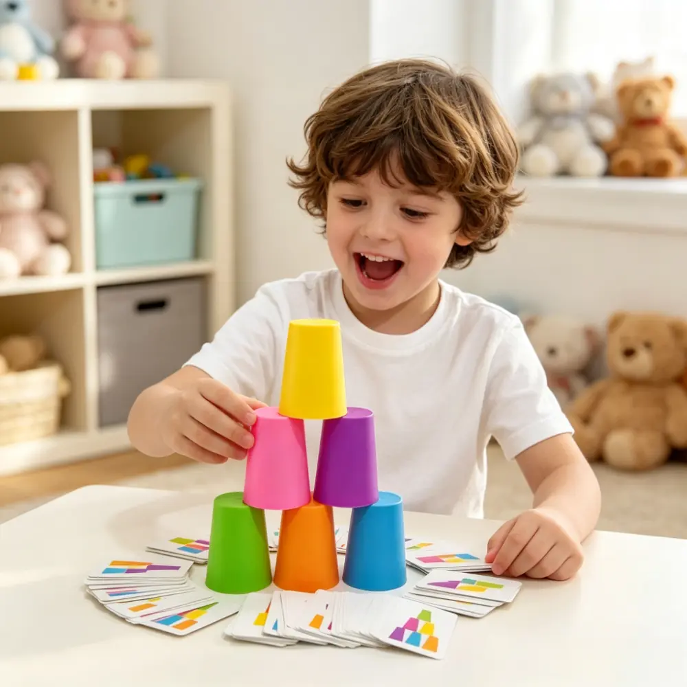 Colorful Stacking Cups Puzzle Game Set, 6 Speed Stack Cups with 54 Pattern Challenge Cards, Kids Concentration Brain Training Toy, Toddler Fine Motor Skill Educational Sensory Toy, Parent-Child Interactive Desktop Stack Game,  Gift for Boys and Girls