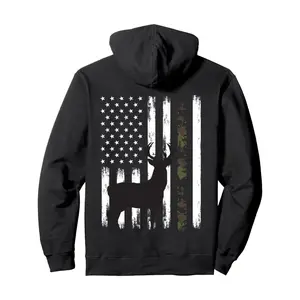 Men's Long Sleeve Casual Soft Whitetail Deer Hunting Buck Camo American Flag Pullover Hoodie - Back Print, Fashionable Cut, Front Pouch Pocket, Warm Breathable Fabric, Hunter Gifts, Daily Wear Tops
