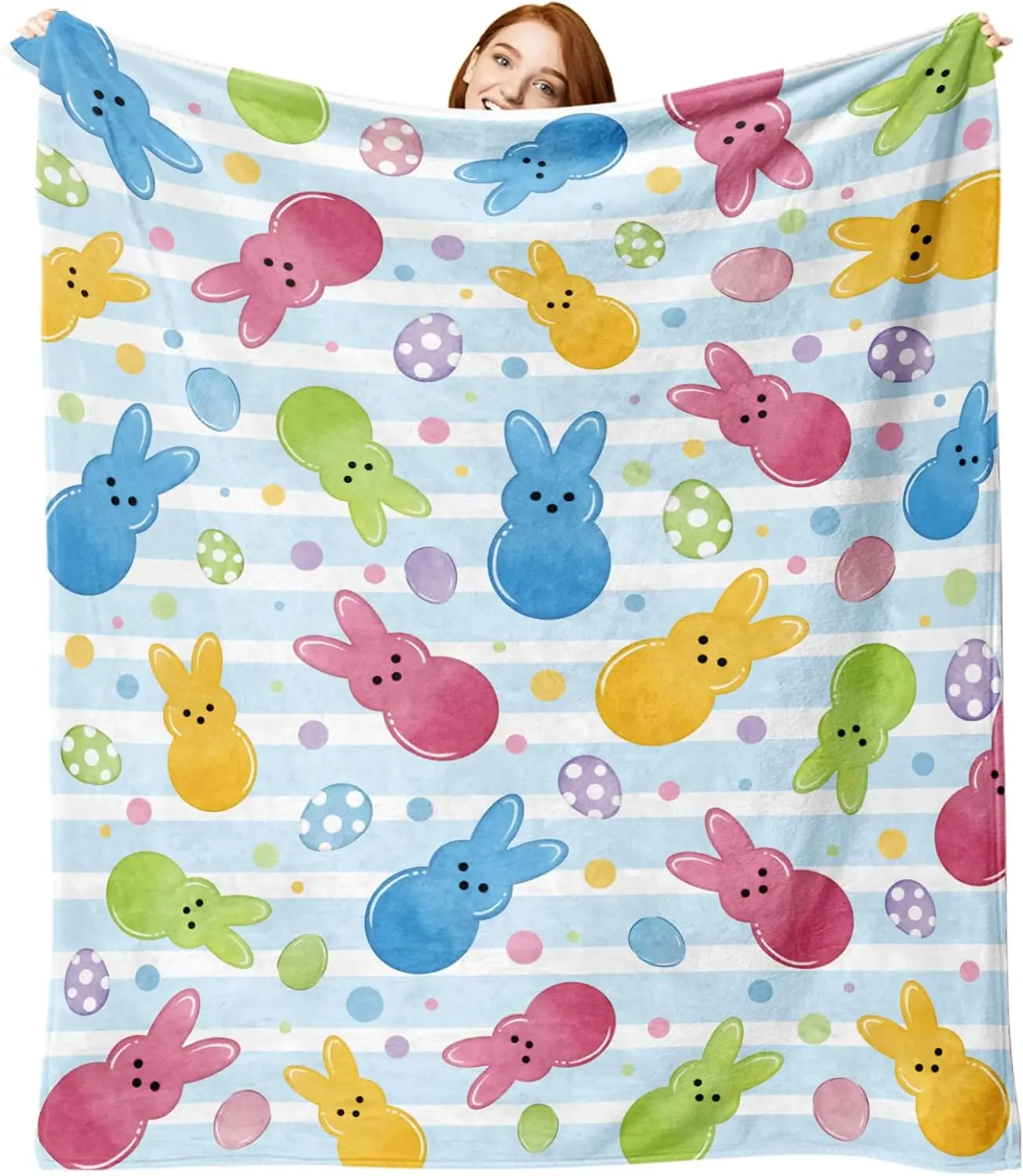 Easter Peeps Bunny Flannel Blanket, Cute Rabbit Easter Eggs Throw Blanket Gifts for Men Women, Colorful Polka Dot Spring Soft Blanket for Bedding Sofa